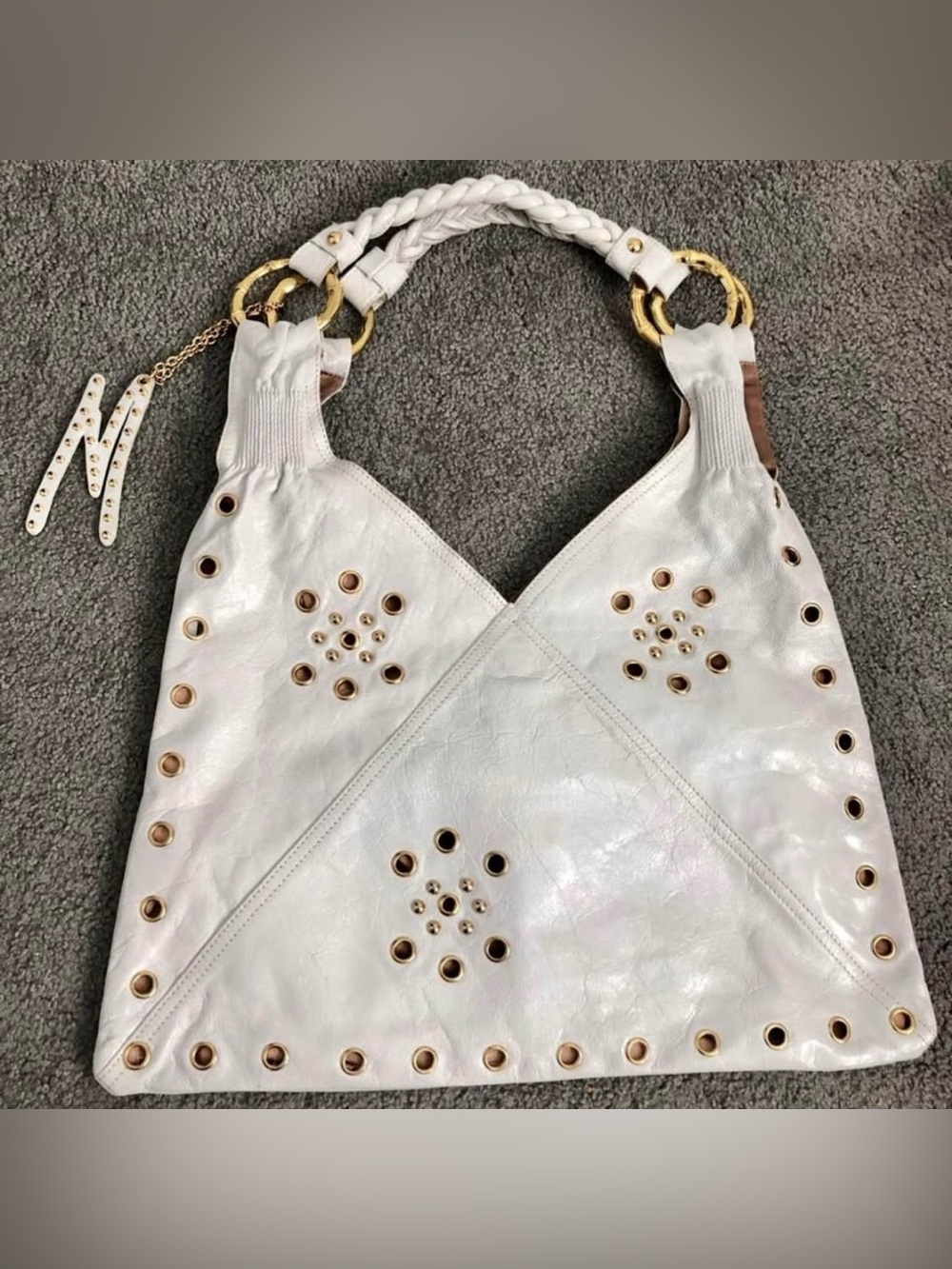 as new vintage Y2K Marciano white leather gold shoulder XL hobo statement tote